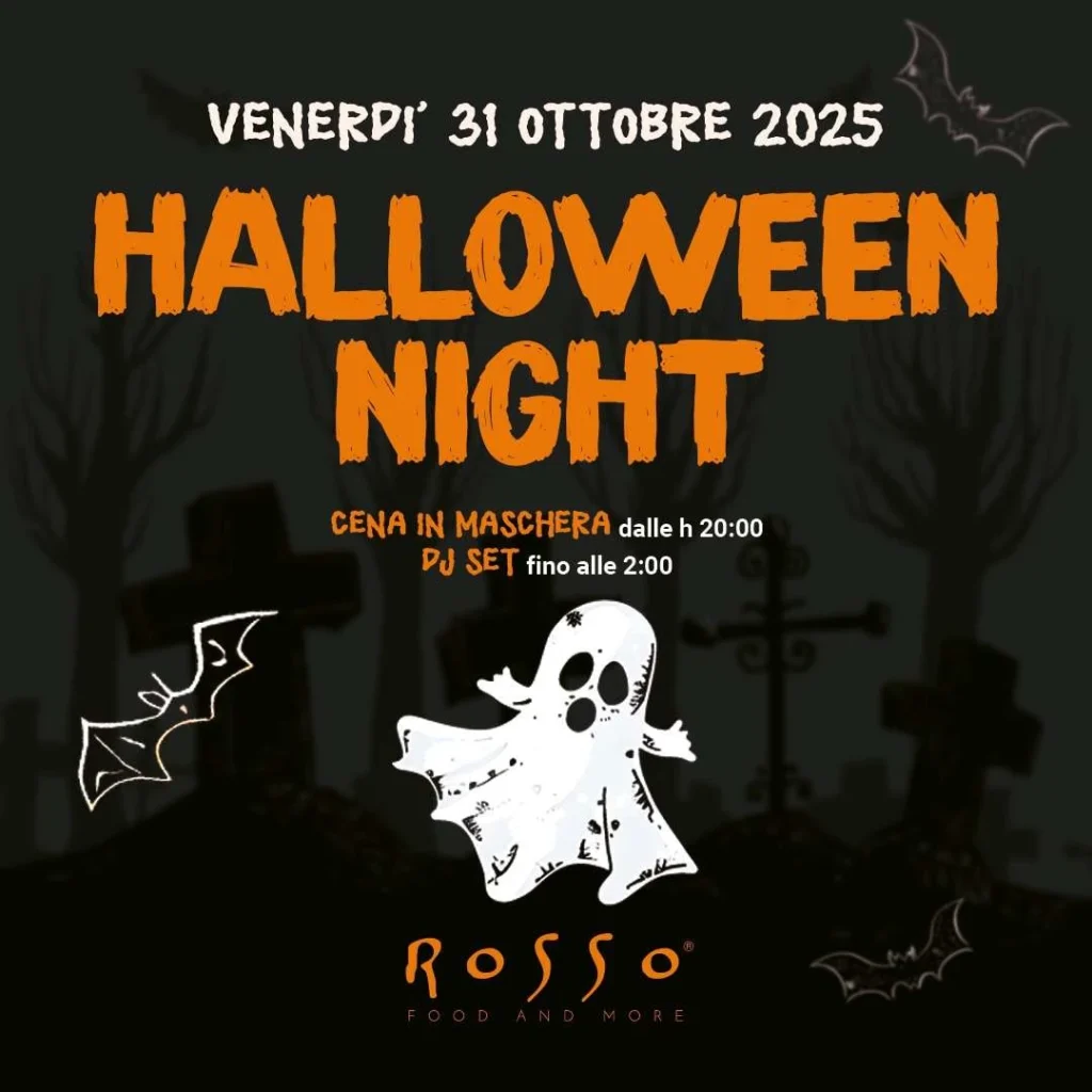Invito alla serata di Halloween del 31 ottobre 2025 con cena in maschera e DJ set.